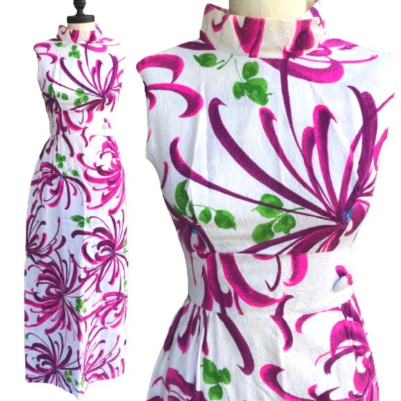 Vintage 60s Evelyn Margolis Hawaiian Floral Barkcloth Formal Maxi Dress XXS/XS - Picture 1 of 17